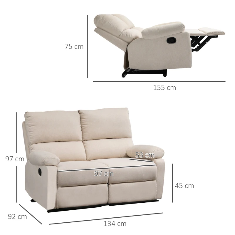 HOMCOM Divano 2 Posti Moderno in Tessuto Beige con Schienale Reclinabile e Recliner Manuale, 134x92x97cm