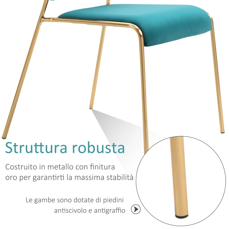 HOMCOM Set 4 Sedie di Design per Sala da Pranzo, Poltroncine Imbottite in Velluto Verde e Gambe in Metallo Oro