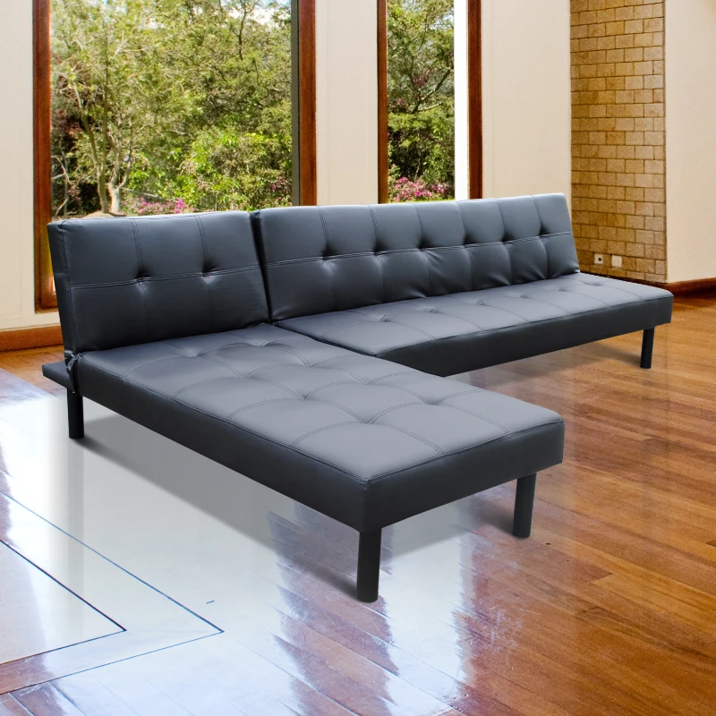 HOMCOM – Divano Letto con Poltrona Chaise Lounge Multifunzionale in Ecopelle, Nero