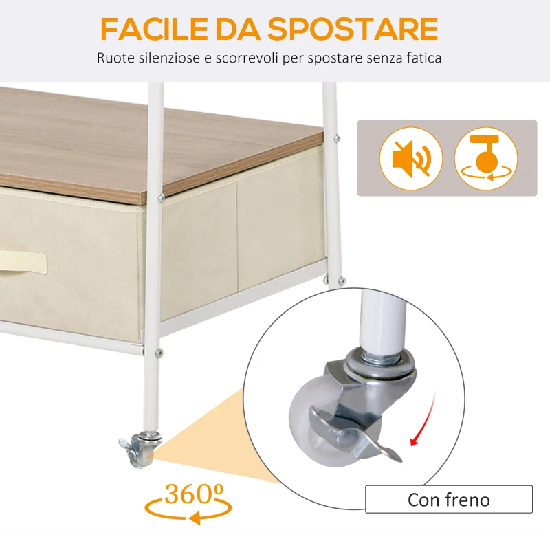 Homcom Stand Rella Appendiabiti con 2 Cassetti in Metallo Bianco e Beige 99x47x185cm