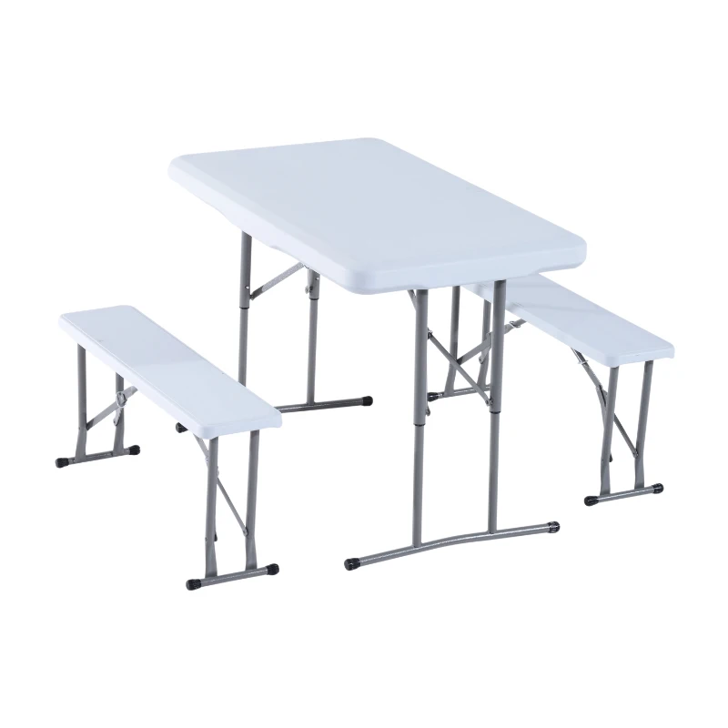 Outsunny-Set Tavolo da Campeggio Giardino Picnic con 2 Panche Pieghevole in Polietilene Bianco