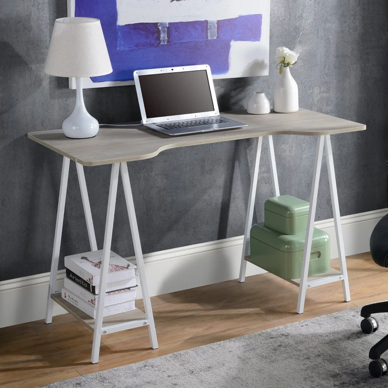 HOMCOM Scrivania da Ufficio in Legno con 2 Mensole, Design Moderno e Telaio in Metallo Bianco, 120x60x76cm