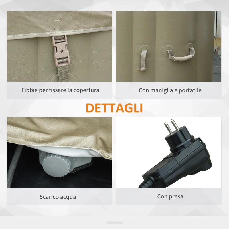 Outsunny Idromassaggio Gonfiabile con Telo 100 Getti e Riscaldamento 42°C per 2-4 Persone, 150x150x65cm Bianco e Marrone