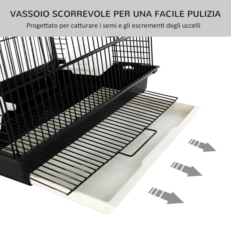 PawHut Voliera Gabbia per Uccelli da Interno Esterno Tetto Apribile con Posatoio 2 Contenitori per Alimenti in Metallo 41.5x29.5x56.5cm
