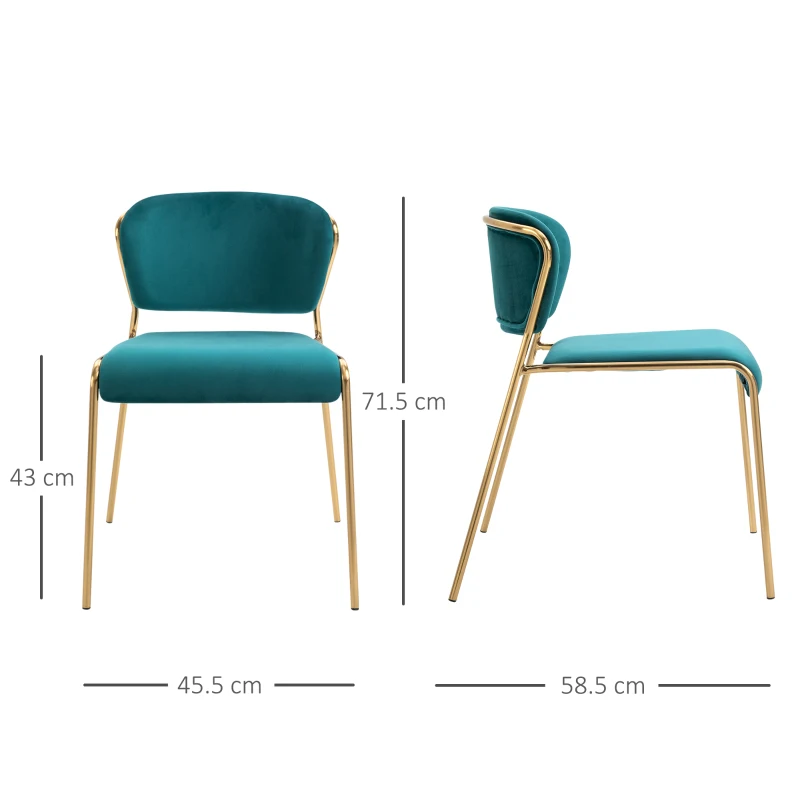 HOMCOM Set 4 Sedie di Design per Sala da Pranzo, Poltroncine Imbottite in Velluto Verde e Gambe in Metallo Oro