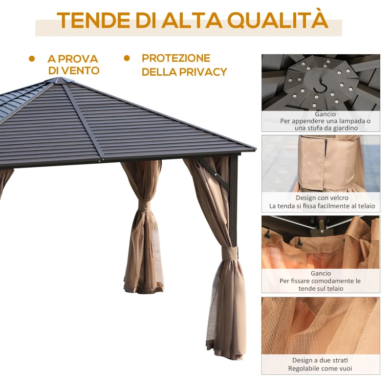 Outsunny Gazebo con Tende Laterali Struttura in Alluminio, Marrone e Nero 3x3m