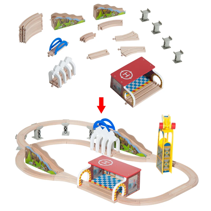 HOMCOM Set di Tavolo con Ferrovia per Trenino in Legno, con Certificati EN71123