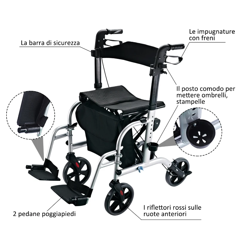HOMCOM Set 2 in 1 Rollator Sedia a rotelle in alluminio trasporto Sedia gehhilfe regolabile in altezza pieghevole