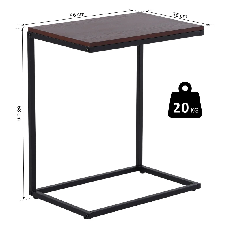 HOMCOM Tavolino Laterale da Divano o Letto Forma a "C" Design Industriale Metallo e MDF Fino 20 kg 56x36x68cm