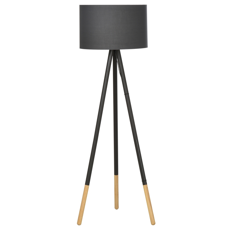 HOMCOM Lampada da Terra con Piantana a Tre Piedi per Salotto, in Legno e Acciaio, Lampadine E27, 52x52x153cm, Grigia