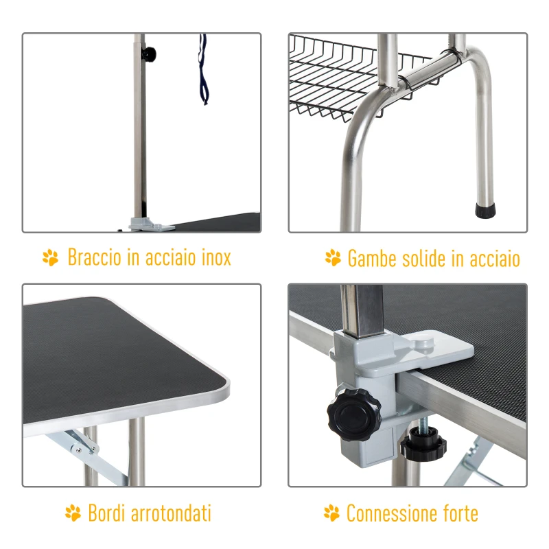 PawHut Tavolo da toelettatura e tosatura cani gatti con cestino, 91.5x61.5x77cm