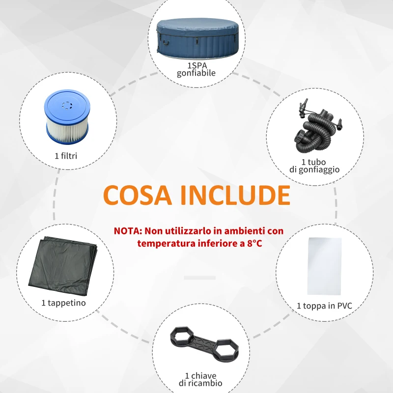 Outsunny Vasca Idromassaggio Gonfiabile da Esterno 100 Getti e Riscaldamento 40°C per 4-6 Persone Φ208x65cm Bianco e Blu