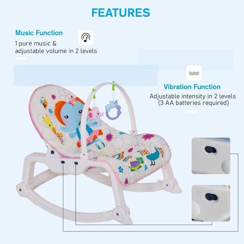 HOMCOM 2 in 1 Sdraietta Dondolo per Neonati con Musica e Vibrazione Cintura di Sicurezza, Altezza Regolabile, 51.4x68.6x55.9cm