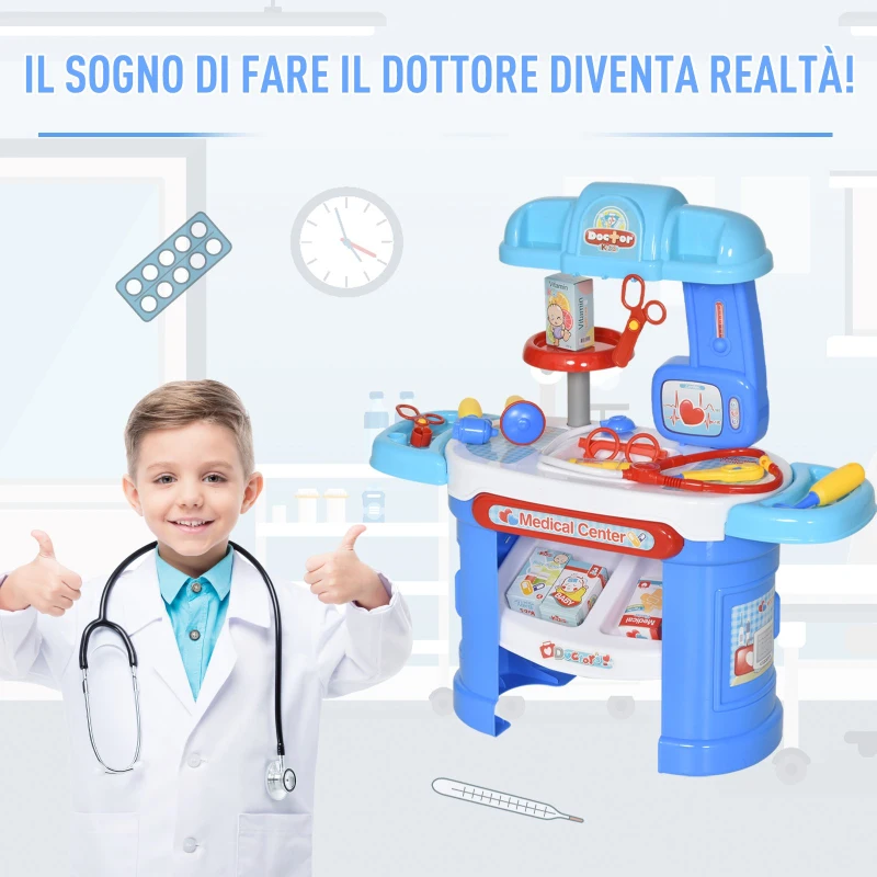 HOMCOM Ambulatorio Ospedale Giocattolo Dottore per Bambini 3-6 Anni con 26 Accessori Inclusi, Blu e Bianco