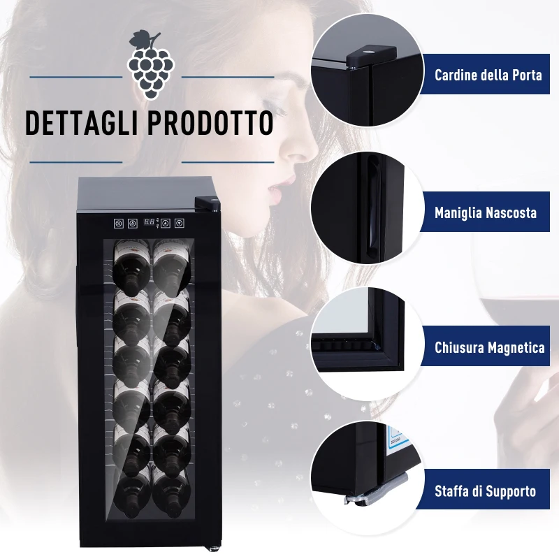 HOMCOM Cantina Refrigerata per Vino, Frigorifero Cantinetta con 5 Ripiani (Max 12 Bottiglie), Temperatura 11°-18°, Nero