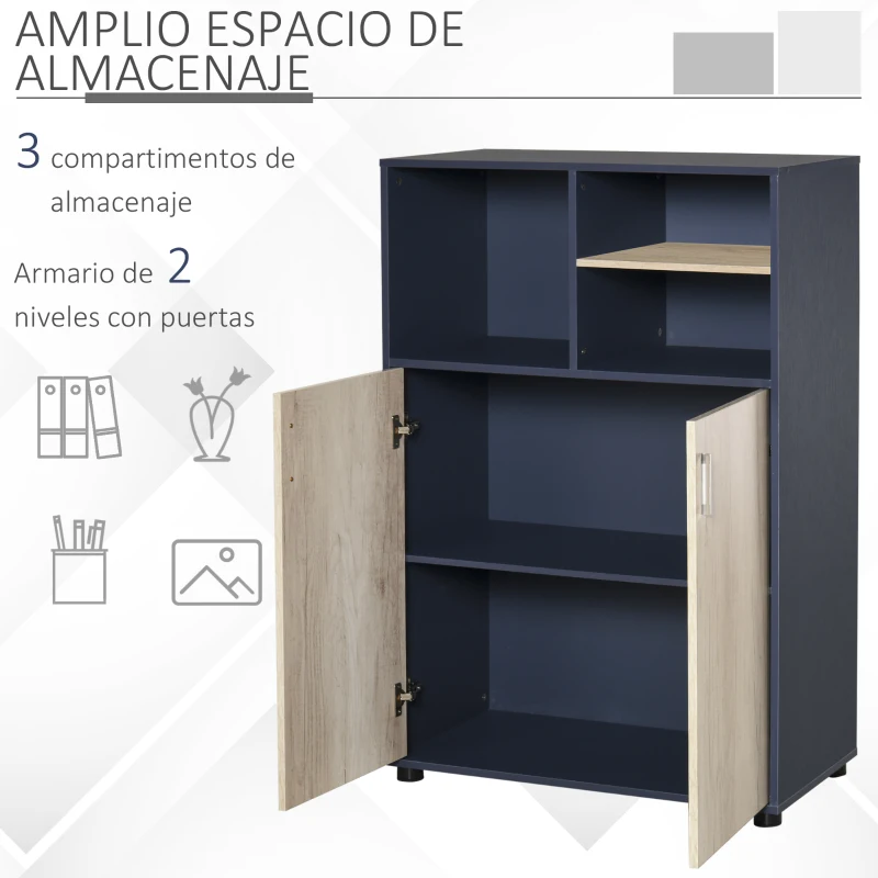 HOMCOM Aparador Estantería Librería de Almacenaje con 3 Compartimentos y Armario de 2 Puertas para Libros Plantas CDs Salón Oficina Dormitorio 80x40x120 cm Azul y Madera