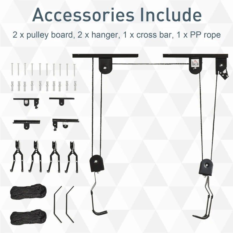 HOMCOM Supporto per Bici a Soffitto, Appendi Bicicletta a Parete con Puleggia e Ganci in Acciaio, Max. 20kg, Nero