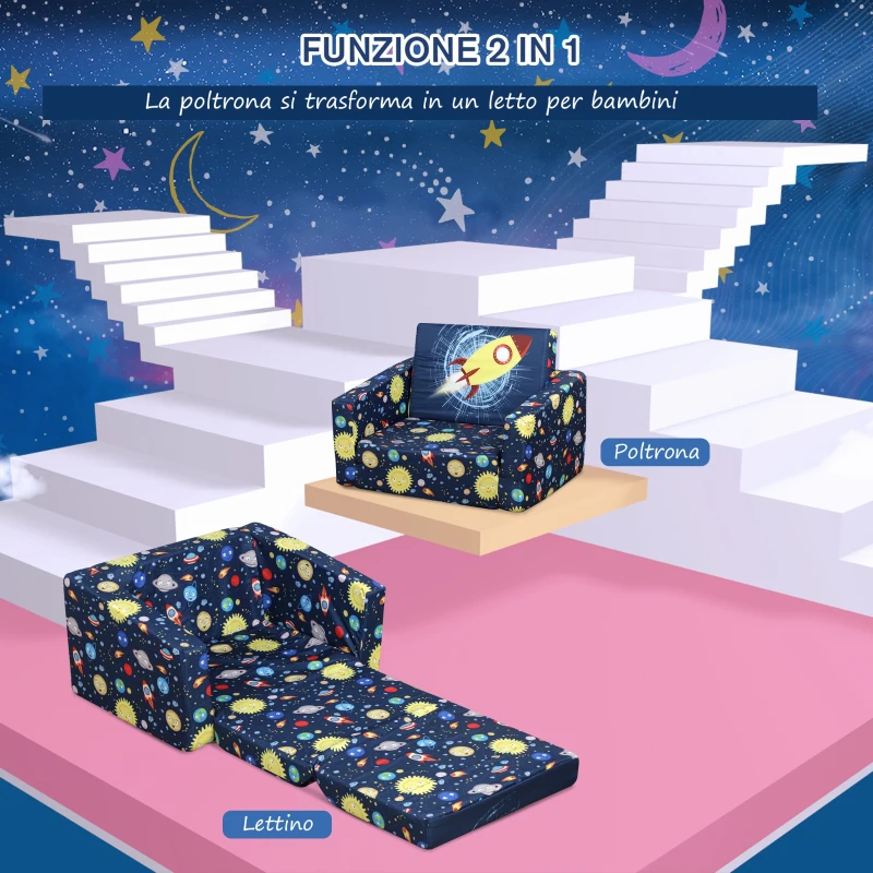 HOMCOM Divano Letto 2 in 1 per Bambini 3-6 anni, Imbottitura in Gommapiuma, Blu con Fantasia Spazio, 56 x 42 x 39cm