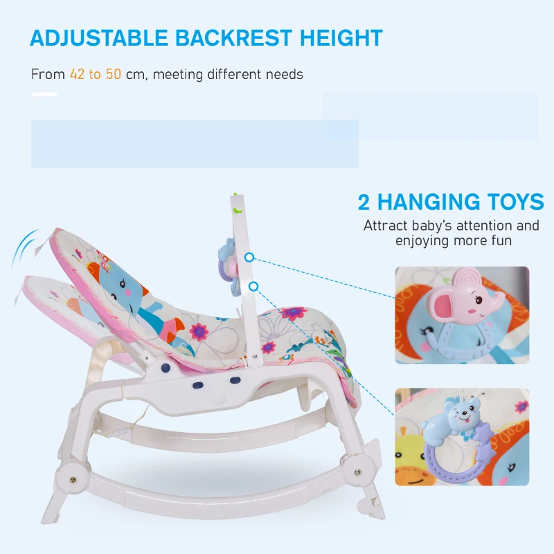 HOMCOM 2 in 1 Sdraietta Dondolo per Neonati con Musica e Vibrazione Cintura di Sicurezza, Altezza Regolabile, 51.4x68.6x55.9cm