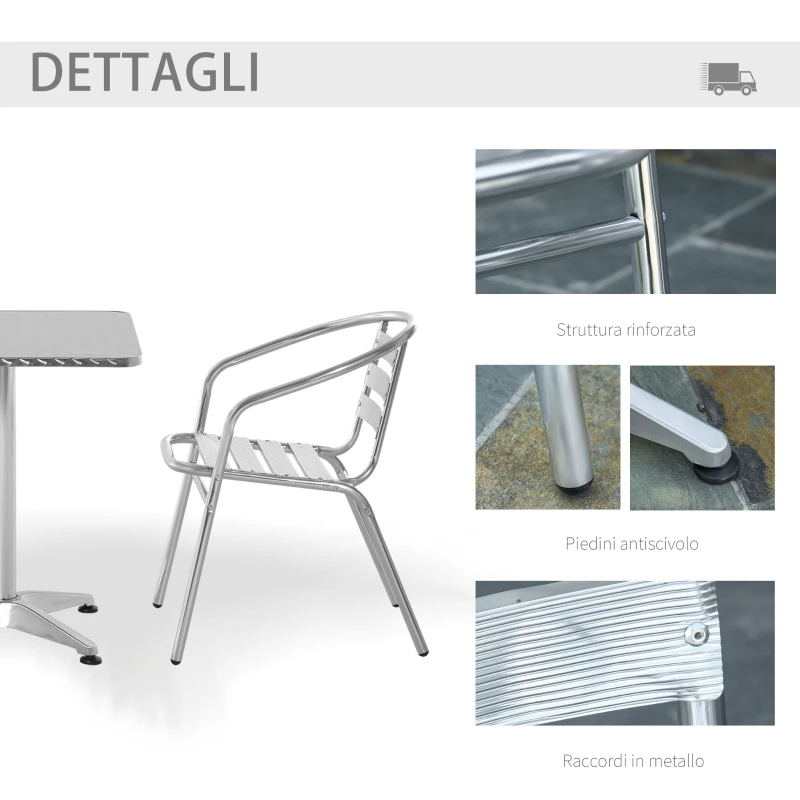 Outsunny Set Tavolino e Sedie da Giardino da 3 Pezzi, Arredamento da Giardino in Alluminio e Acciaio Inox, Argento