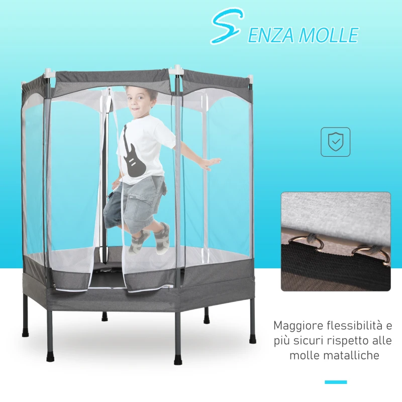 HOMCOM Trampolino Tappeto Elastico per Bambini per Interni ed Esterno, Rete di Sicurezza e Imbracatura