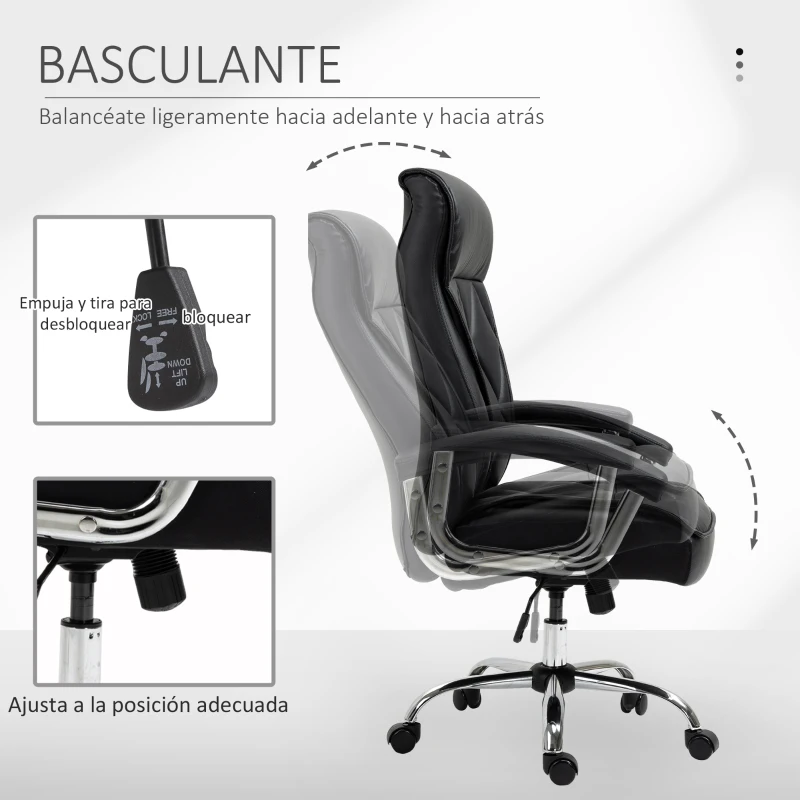 Vinsetto Silla Despacho Ergonómica Silla de Oficina Giratoria y Basculante con Respaldo Alto y Reposacabezas Acolchado Piel Sintética 66x69x113-121 cm Negro