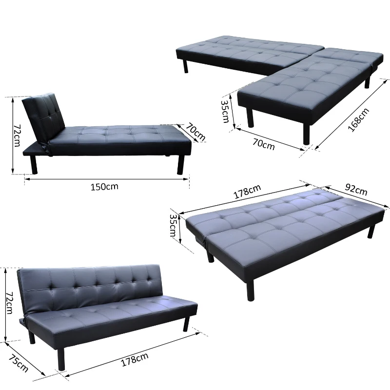 HOMCOM – Divano Letto con Poltrona Chaise Lounge Multifunzionale in Ecopelle, Nero