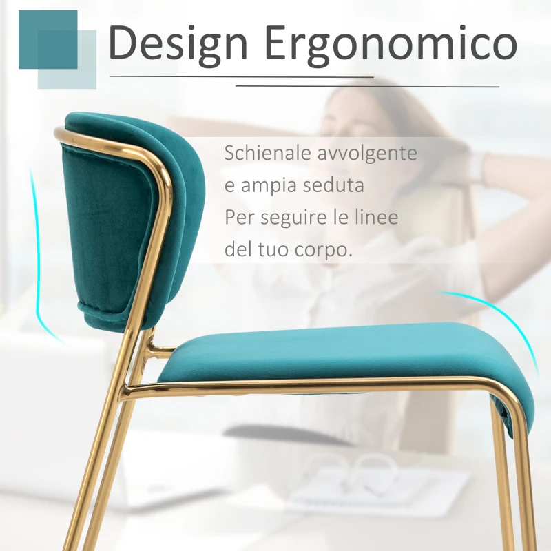 HOMCOM Set 4 Sedie di Design per Sala da Pranzo, Poltroncine Imbottite in Velluto Verde e Gambe in Metallo Oro