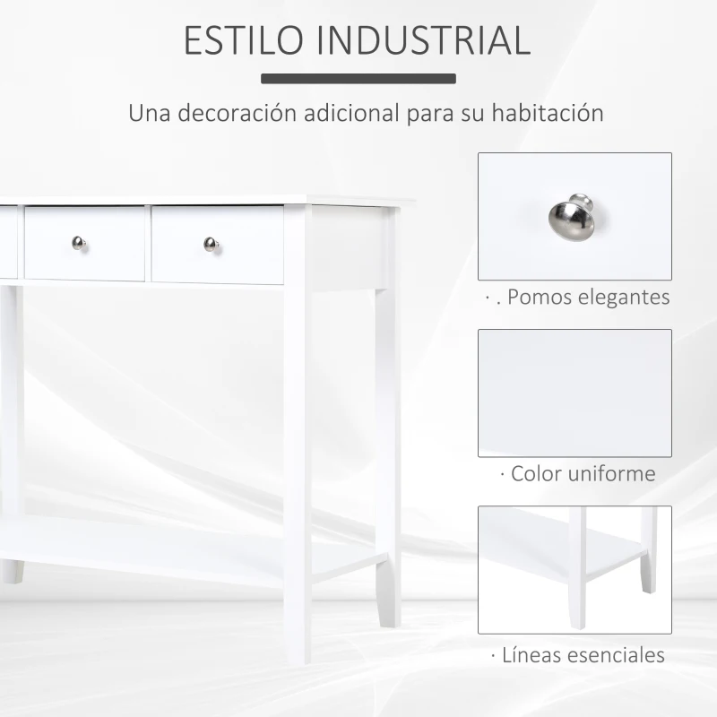 HOMCOM Mesa Auxiliar para la Entrada Con 3 Cajones y 1 Estante Inferior para Gran Espacio de Almacenaje para Muebles de Recibidor Tipo Consola Clásica Vintage 90x40x75cm Blanco