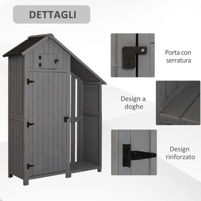 Outsunny Casetta Porta Attrezzi da Giardino in Legno di Abete Impermeabile con Ripiani e Legnaia, Grigia 129x51.5x180cm