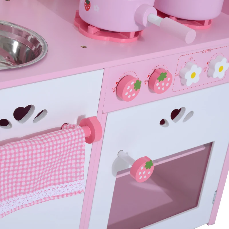 HomCom Cucina Giocattolo per Bambini in Legno con Accessori, Rosa, 60x30x62cm