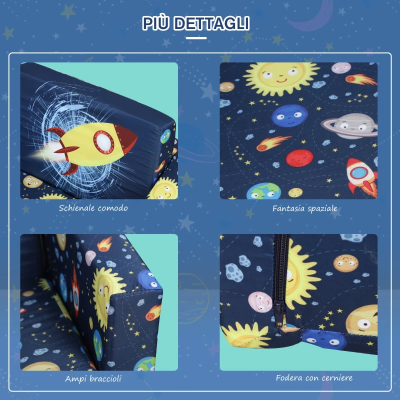 HOMCOM Divano Letto 2 in 1 per Bambini 3-6 anni, Imbottitura in Gommapiuma, Blu con Fantasia Spazio, 56 x 42 x 39cm