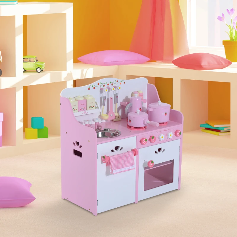 HomCom Cucina Giocattolo per Bambini in Legno con Accessori, Rosa, 60x30x62cm