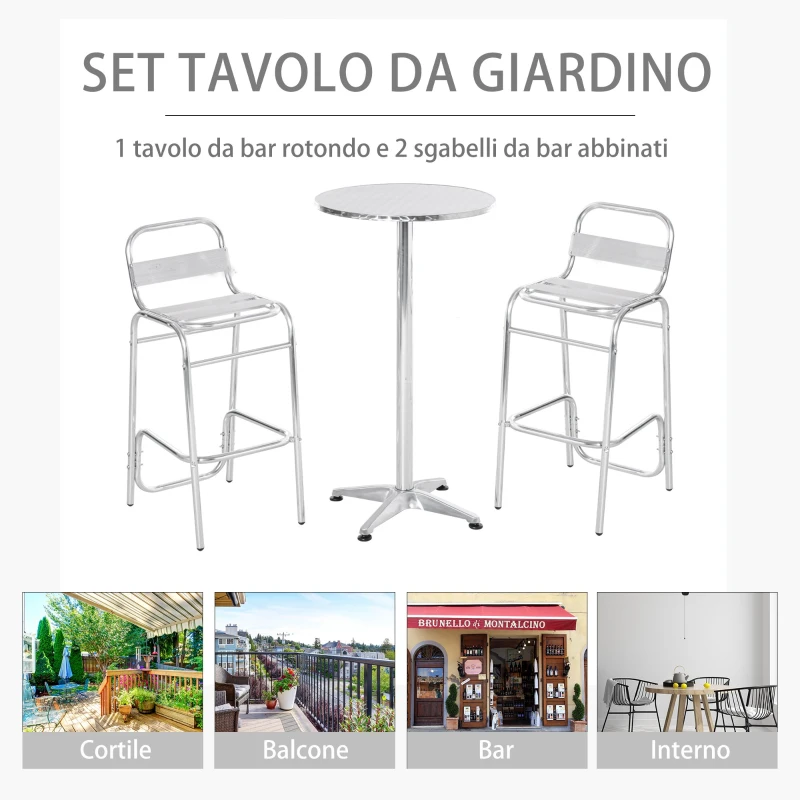 Outsunny Set Tavolino Alto con 2 Sgabelli da Bar, Arredamento da Giardino in Alluminio e Acciaio Colore Argento