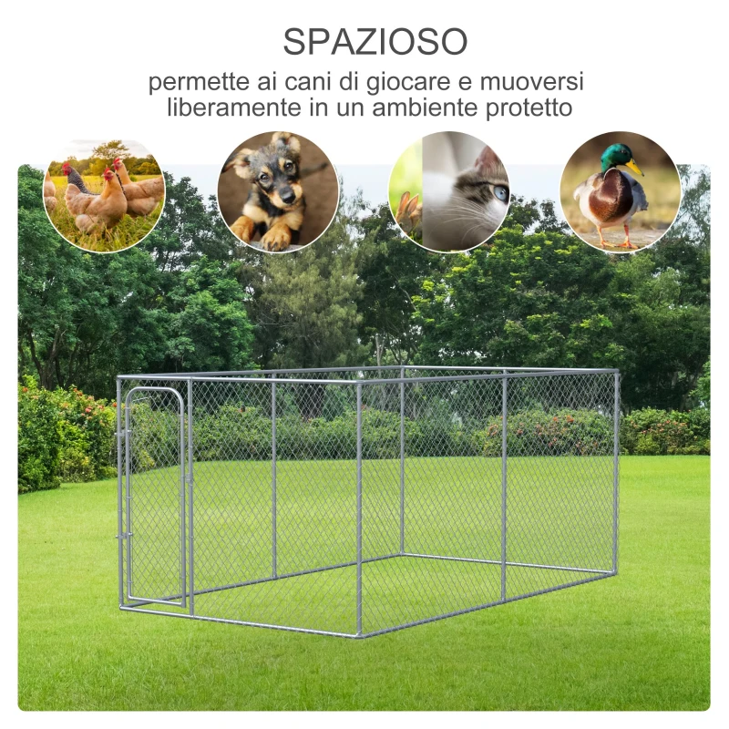 PawHut Kennel per Cani da Esterno in Metallo Galvanizzato e Porta con Blocco, Recinto per Animali 400x230x182cm Argento