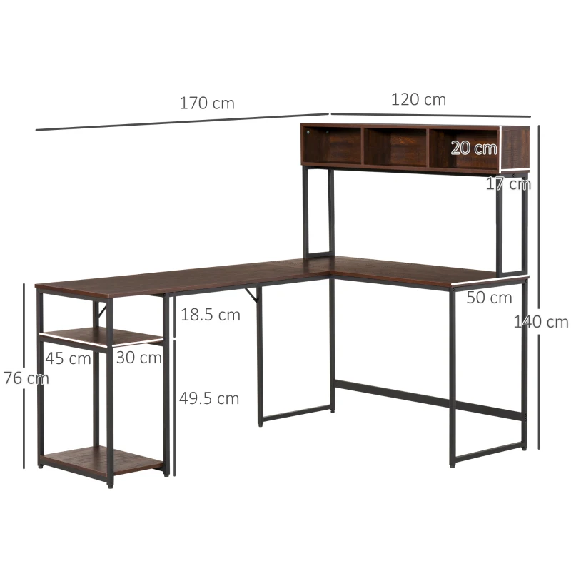 HOMCOM Scrivania Angolare con Libreria e Mensola per PC in Stile Industriale, Legno e Metallo 170x120x140cm, Noce e Nero