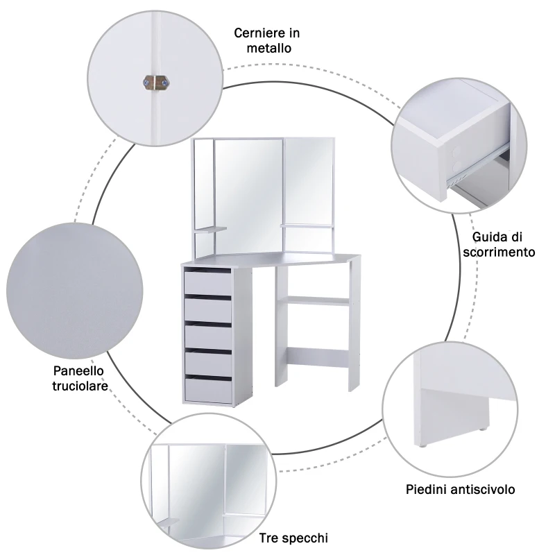 HOMCOM Postazione Trucco con 3 Specchi Pieghevoli, Tavolo Makeup in Legno Bianco con 5 Cassetti - 111x56.2x141.3cm