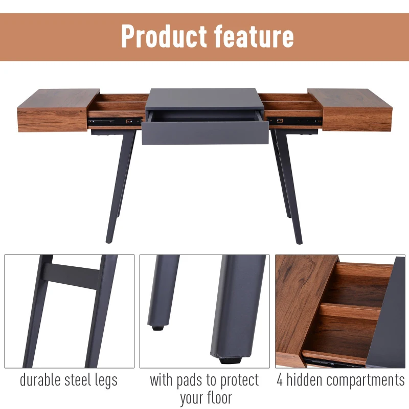 HOMCOM Scrivania Allungabile Tavolo in Legno e Acciaio Design Moderno con Scompartimenti Nascosti 60x76x130-190cm