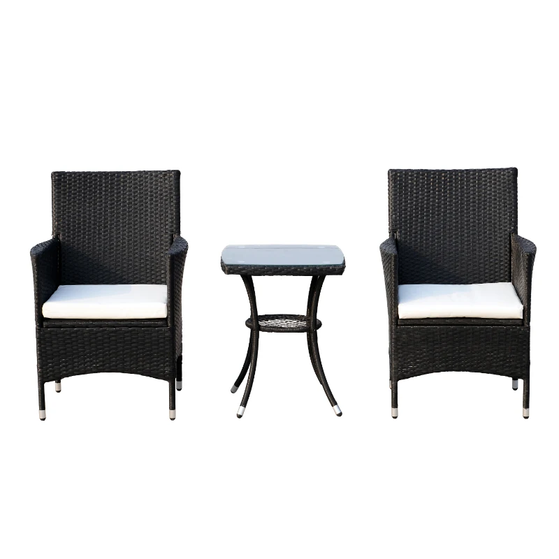 Outsunny Set Mobili da Giardino in Rattan, Tavolo con 2 Poltroncine con Cuscini, Nero