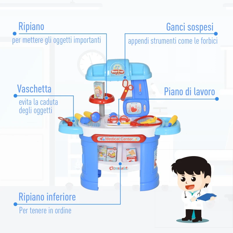 HOMCOM Ambulatorio Ospedale Giocattolo Dottore per Bambini 3-6 Anni con 26 Accessori Inclusi, Blu e Bianco