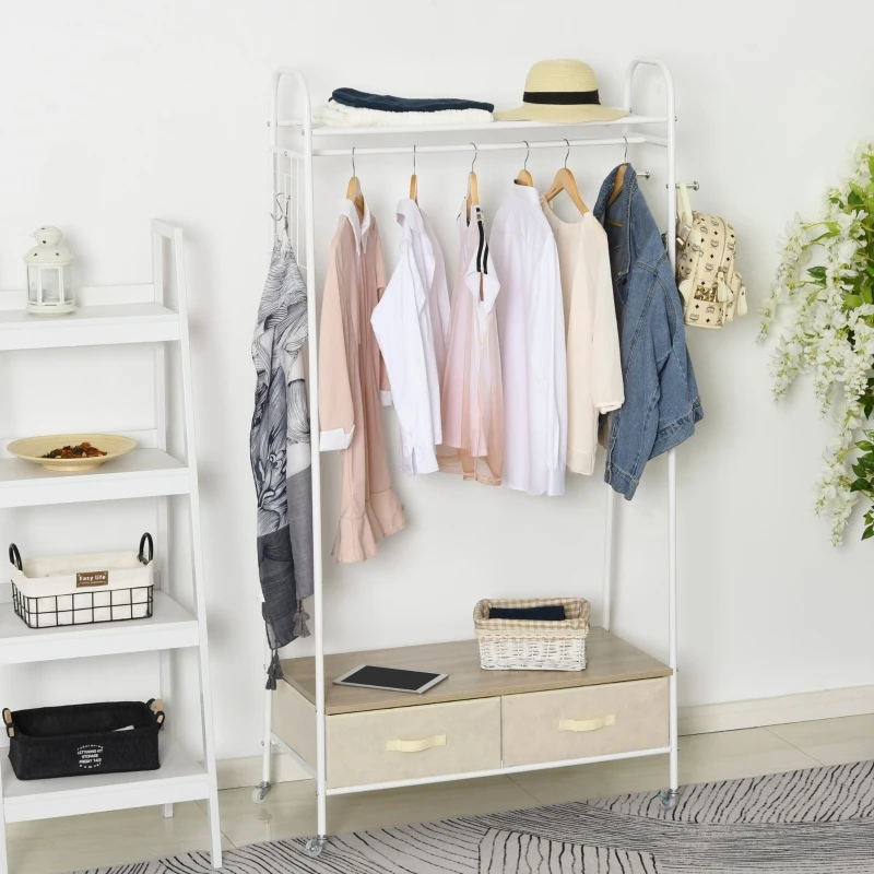Homcom Stand Rella Appendiabiti con 2 Cassetti in Metallo Bianco e Beige 99x47x185cm