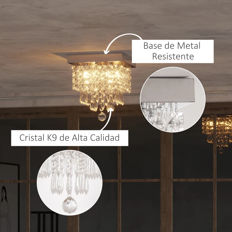 HOMCOM Lámpara de Techo de Cristal K9 Moderna con 4 Casquillos G9 de 40W y Base de Acero Inoxidable Lámpara de Araña para Comedor Dormitorio Salón Ø25x29 cm Plata