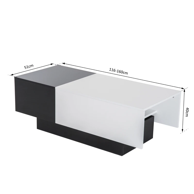 Homcom Tavolino da Soggiorno Estendibile Bianco e Nero, 51x140x116-160cm