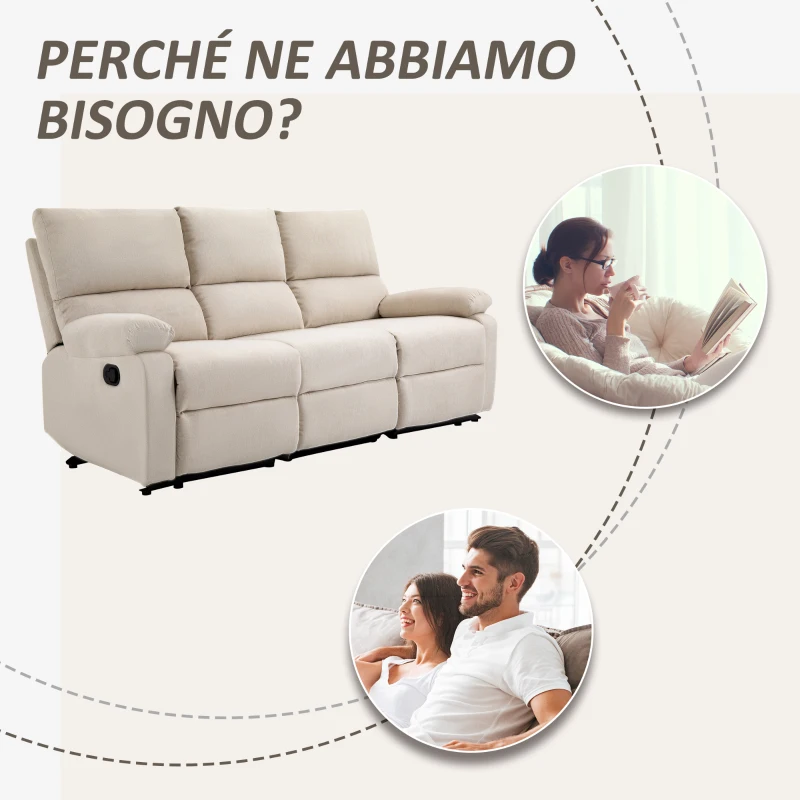 HOMCOM Divano 3 Posti con 2 Sedute Reclinabili e Poggiapiedi Integrato, Rivestimento in Tessuto Beige, 187x92x97cm