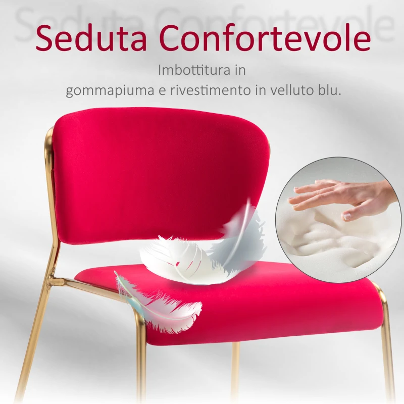 HOMCOM Set 4 Sedie di Design per Sala da Pranzo, Poltroncine Imbottite in Velluto Rosso e Gambe in Metallo Oro