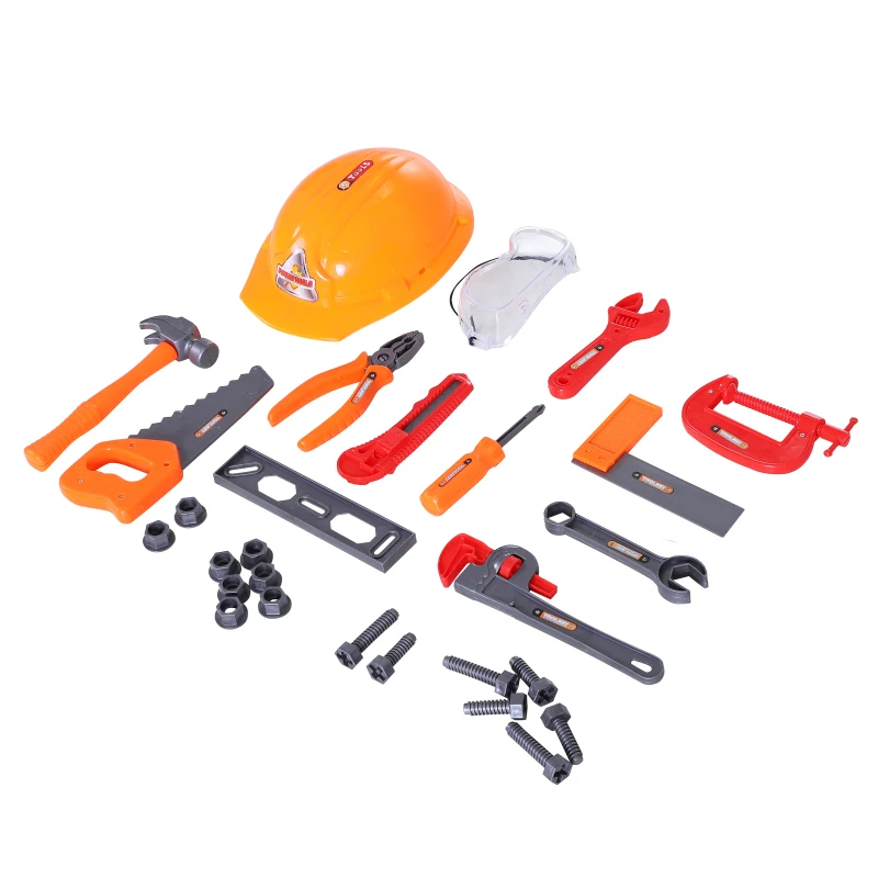 HOMCOM Set di Utensili Giocattolo per Bambini Sopra i 3 Anni Carrello a 2 Livelli con 29 Attrezzi da Gioco Certificati EN7 1-1.2.3 Materiale Ecologico Arancione 40x35x48cm