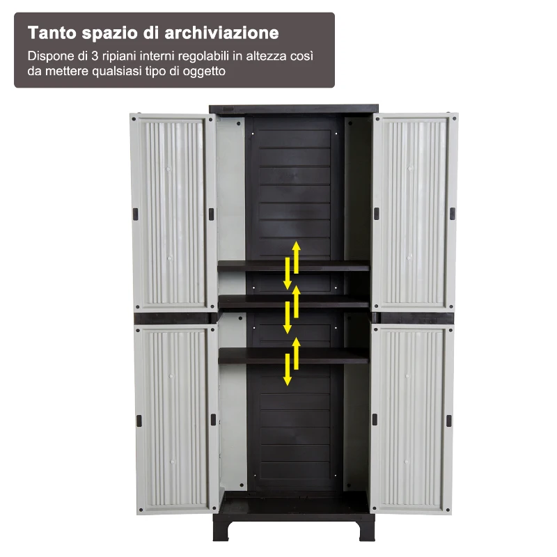 Outsunny Armadio da Esterno Impermeabile con 3 Ripiani Regolabili Balcone Terrazzo Plastica 65 × 37 × 172cm