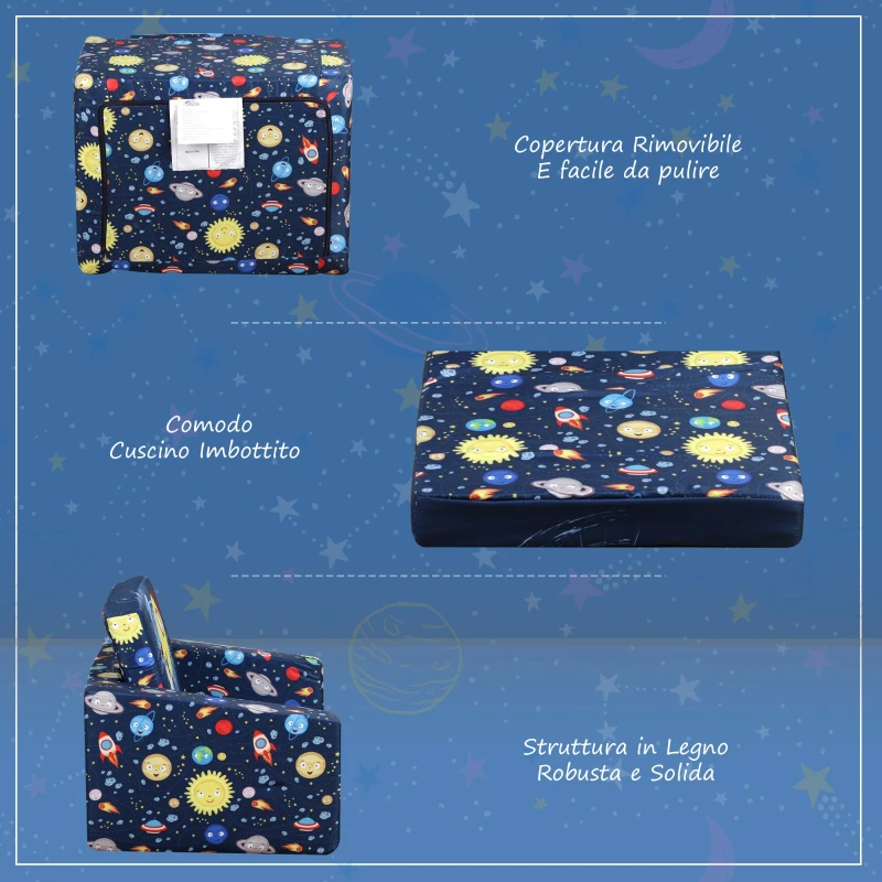 HOMCOM Divano Letto 2 in 1 per Bambini 3-6 anni, Imbottitura in Gommapiuma, Blu con Fantasia Spazio, 56 x 42 x 39cm