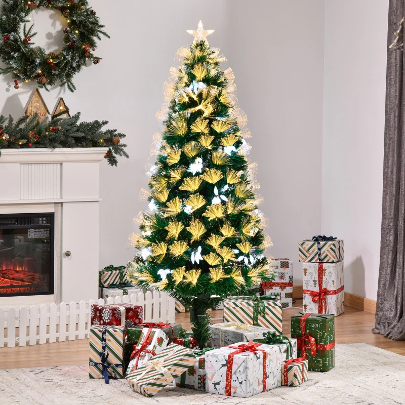 HOMCOM Árbol de Navidad Artificial 150 cm Luminoso con Fibra Óptica 170 Luces LED 8 Modos Brillantes 120 Cuentas Blancas y 170 Ramas Decoración Interior Ø70x150 cm Verde