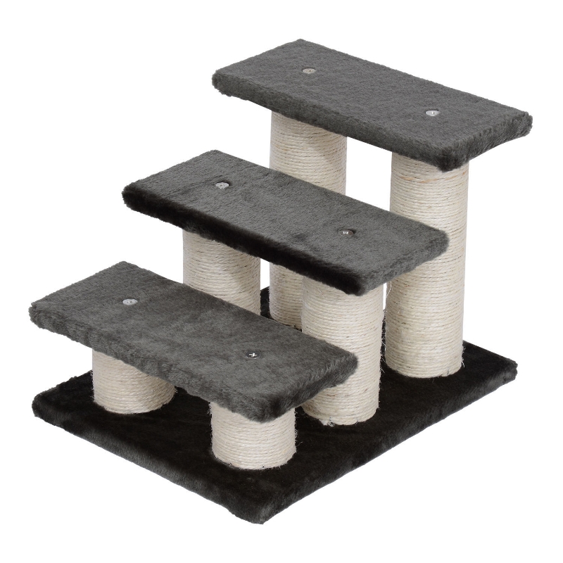 PawHut Escalera para Mascotas de 3 Niveles Escalera para Gatos Perros Mayores de Felpa y Sisal 45x35x34 cm cm Gris